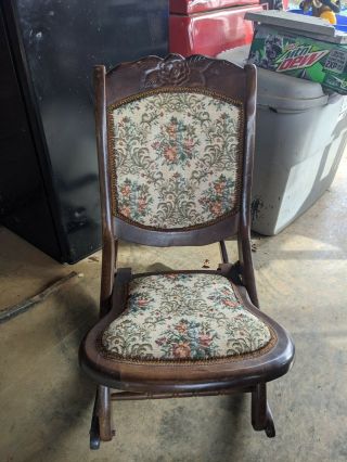 (hd20) Vintage Antique Folding Wooden Rocking Chair Carved Floral Tapestry Design