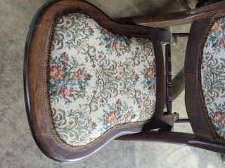 (HD20) Vintage Antique Folding Wooden Rocking Chair Carved Floral Tapestry Design 2