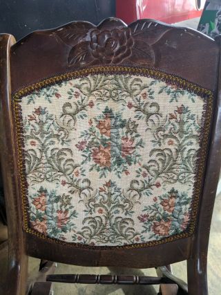 (HD20) Vintage Antique Folding Wooden Rocking Chair Carved Floral Tapestry Design 3