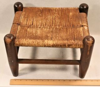 Early 20th C American Arts & Crafts Vint Rolled Hemp Cord Seat/wooden Footstool