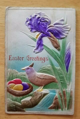 Vintage Postcard Easter Greetings Colored Eggs Bird Iris Embossed Germany