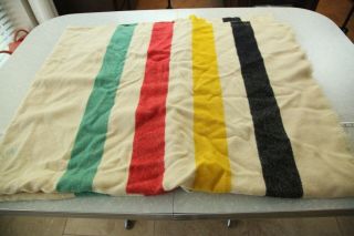 FLAW Vintage Hudson ' s Bay 4 Point Blanket Wool Stripe 68 x 82 Camp Cream 3
