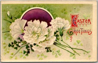 Vintage Easter Greetings Embossed Postcard White Carnation Flowers / 1913 Cancel