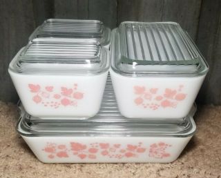 Set Of 4 Vintage Pyrex Pink Gooseberry Refrigerator Dishes Complete W/ Lids