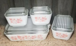 Set of 4 Vintage Pyrex Pink Gooseberry Refrigerator Dishes Complete W/ Lids 2