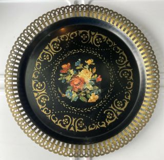 Vintage Metal Serving Tray With Flower Design 1940s - 1950s