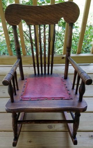 Antique Child’s Wooden Rocking Chair With Red Leather Seat -