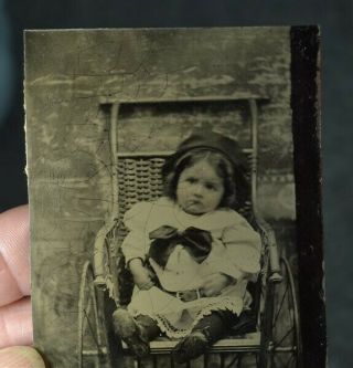 Antique Tintype Child Baby In Fancy Carriage Victorian 3 3/8 In 1890