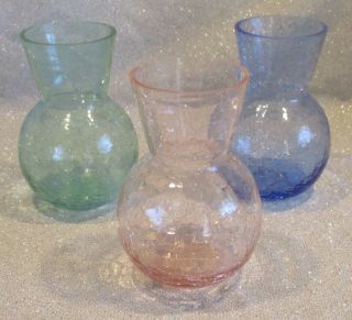 Set Of 3 Crackle Glass Vases In Blue,  Green & Pink,  5” Tall