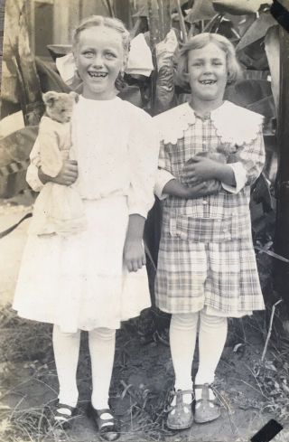 1918 Rppc Photo 2 School Girls Hold Teddy Bear & Bird Edwardian San Diago Ca