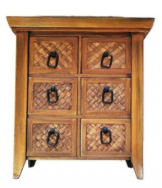 Vintage 6 Drawer Apothecary Table Top Cabinet Handmade Wooden Wicker Tea Spices