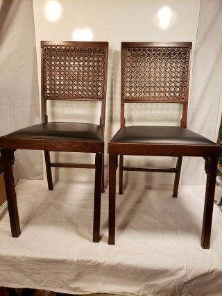 Set Of 2 Vintage Leg - O - Matic Fold Up Chairs,  Wicker Back,  Black Vinyl Seat