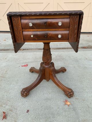 Vintage Federal Style 2 - Drawer Drop Leaf Table With Carved Pedestal & Paw Feet