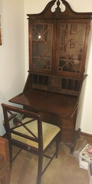 Antique Solid Mahogany Drop Front Secretary Desk With Bookcase Top,  Chair