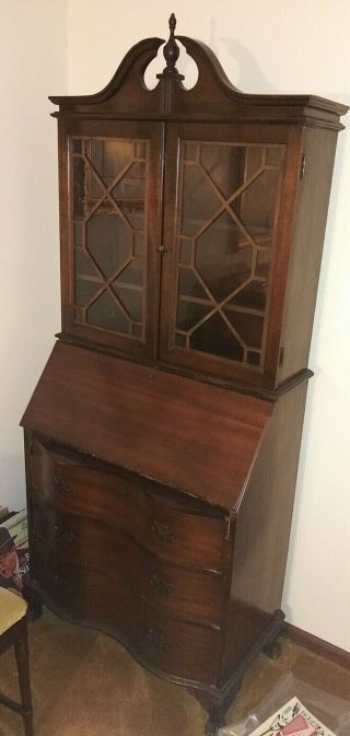 ANTIQUE SOLID MAHOGANY DROP FRONT SECRETARY DESK WITH BOOKCASE TOP,  CHAIR 3
