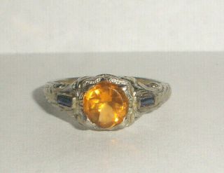 Antique Victorian 18k White Gold Sapphires Yellow Citrine ? Ring Size 5.  5