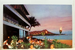 Hawaii Hi Reef Hotel Diamond Head Waikiki Beach Luau Torches Postcard Old View