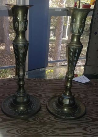 Two Vintage Solid Brass Etched Candlesticks Made In India