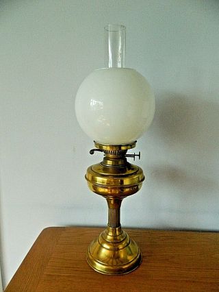 Lovely Vintage/antique Brass Dual Wick Oil Lamp White Glass Globular Shade