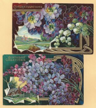 Vintage Birthday,  Congratulations,  Embossed Postcard,  Purple Flowers,  Gfi,  Nu