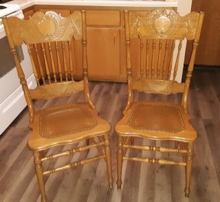Antique Oak Pressed Chairs - 2 Phoenix Chair Co. ,  Leather Seats (1894 - 1924)