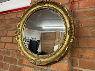 Vintage Retro Round Ornate Gold Gilt Plaster Framed Convex Fish Eye Wall Mirror
