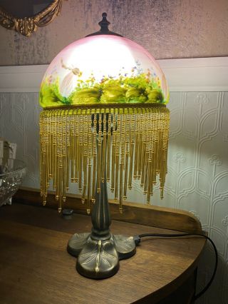 Vintage Table Lamp With Reverse Painted Glass Dragonfly Scene Shade