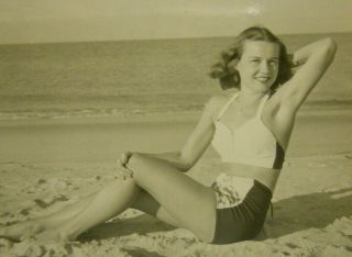 2 Vtg 40s Photos All - American Girl Bathing Beauty Posing In Bathing Suit Beach