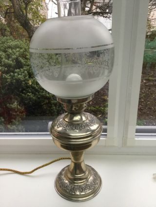 Electric Oil Lamp Style Table Lamp With A Etched Glass Shade And Chimney.