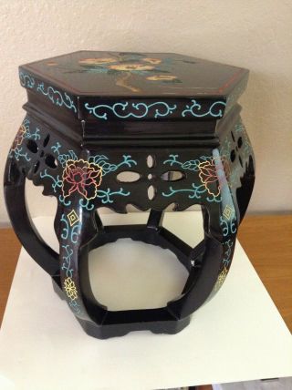 Vintage Asian 18 " Black Lacquered Hand Painted Six Legged Side Table/stool/stand
