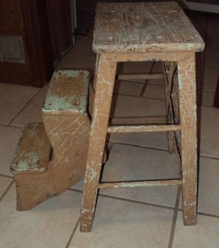 Vintage 23.  5 " Two Step Small Wooden Step Stool Flip Up Ladder