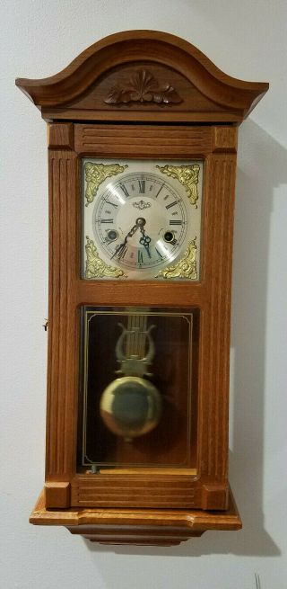 Vintage Dea Wind Up Oak Wood Chiming Wall Clock W Glass Door & Sides 25 " X10 " X5 "