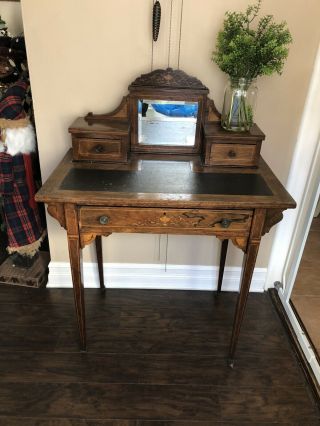 Antique Vanity Desk With Mirror And Leather Pad