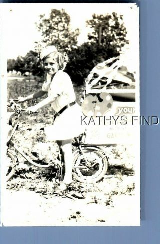 Found Vintage Photo G,  9586 Girl In Dress Sitting On Motorbike