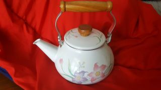 Decorative Metal And Enamel Teapot With Wood Handle.  9x6x9 Inches,