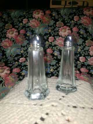 Fancy Vintage Salt And Pepper Shakers,  Glass,  Obelisk Shape,  Silver Top