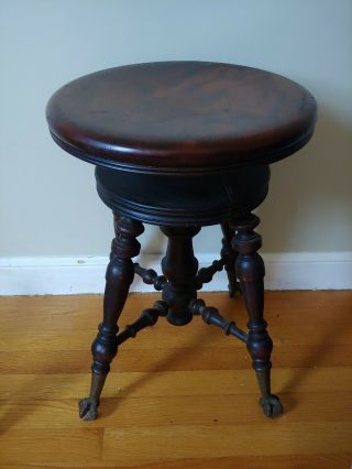 Antique Wooden Adjustable Height Swivel Piano Stool Glass Ball Claw Feet