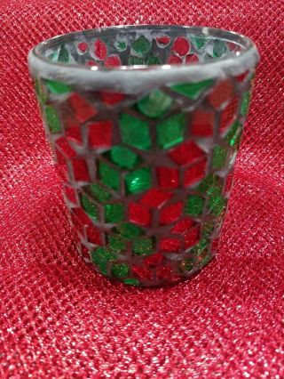 Vintage Vtg Christmas Holiday Green Red Stained Glass Candle Holder