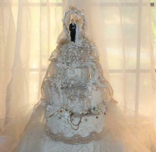 Vintage Wedding Cake Topper Centerpiece Lace Pearls Doves Bride & Groom Taffeta