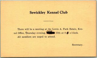 Vintage 1940s Pennsylvania Business Postcard Sewickley Kennel Club Dogs Meeting