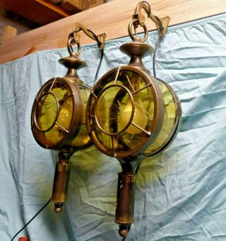 Vintage Coach Lamps / Carriage Lamps / Lanterns,  Pair Off,  Metal & Glass.  Gwo.