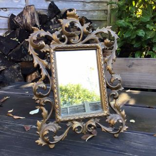 Small Old Vintage Antique Brass Gold Scroll Dressing Table Mirror Or Photo Frame