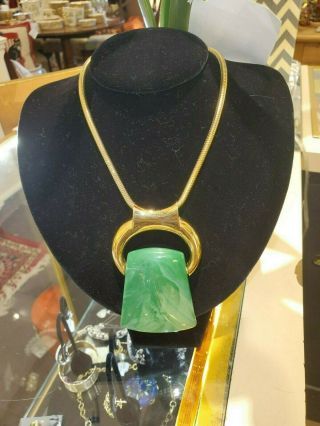 Vintage Lanvin Necklace - Gold Plated With Green Stone