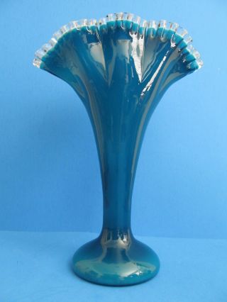 Vintage Fenton Jamestown Vase Rare Silver Crest Top Aqua Blue Art Glass 13 " Tall