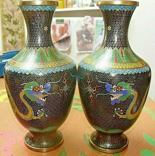 Vintage Pair Chinese Cloisonne Oriental Dragon Decorated Vases Height - 7.  75 "