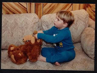 Vintage Photograph Cute Little Boy Sitting On Couch With Alf Doll