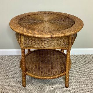 Vintage Mcm Woven Rattan Wicker Coffee End Side Round Table