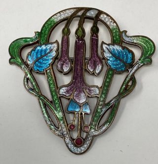 Vtg Victorian Antique Art Nouveau Silver Gilt Guilloche Enamel Brooch Pin