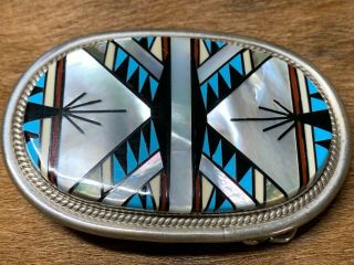Vintage Turquoise Inlay Sterling Silver Belt Buckle