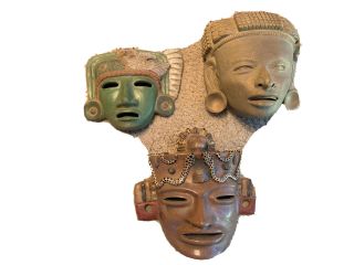 3 Vintage 1960s Mexican Aztec Mayan Terra Cotta Clay Face Mask Precolumbian Styl